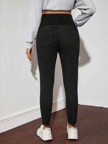 SHEIN Maternity Jeans, Comfortable & Casual Patchwork Fleece Stretch Black, For Winter - Black - View 2