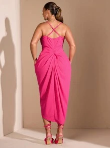 SHEIN BAE Vestido midi de mujer de talla grande de color rojo rosa, elegante y sexy, con cuello de swing drapeado y abertura alta, vestido de fiesta, vestido de oficina, vestidos con diseños calados, conjuntos sexy de mujer para la playa, vestidos sexy de mujer - Rosa Fucsia - Ver 2