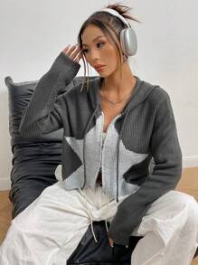 SHEIN Unity Sudadera con capucha y cremallera de uso diario casual con estampado de estrellas y cordón, para otoño/invierno - Gris - Ver 1