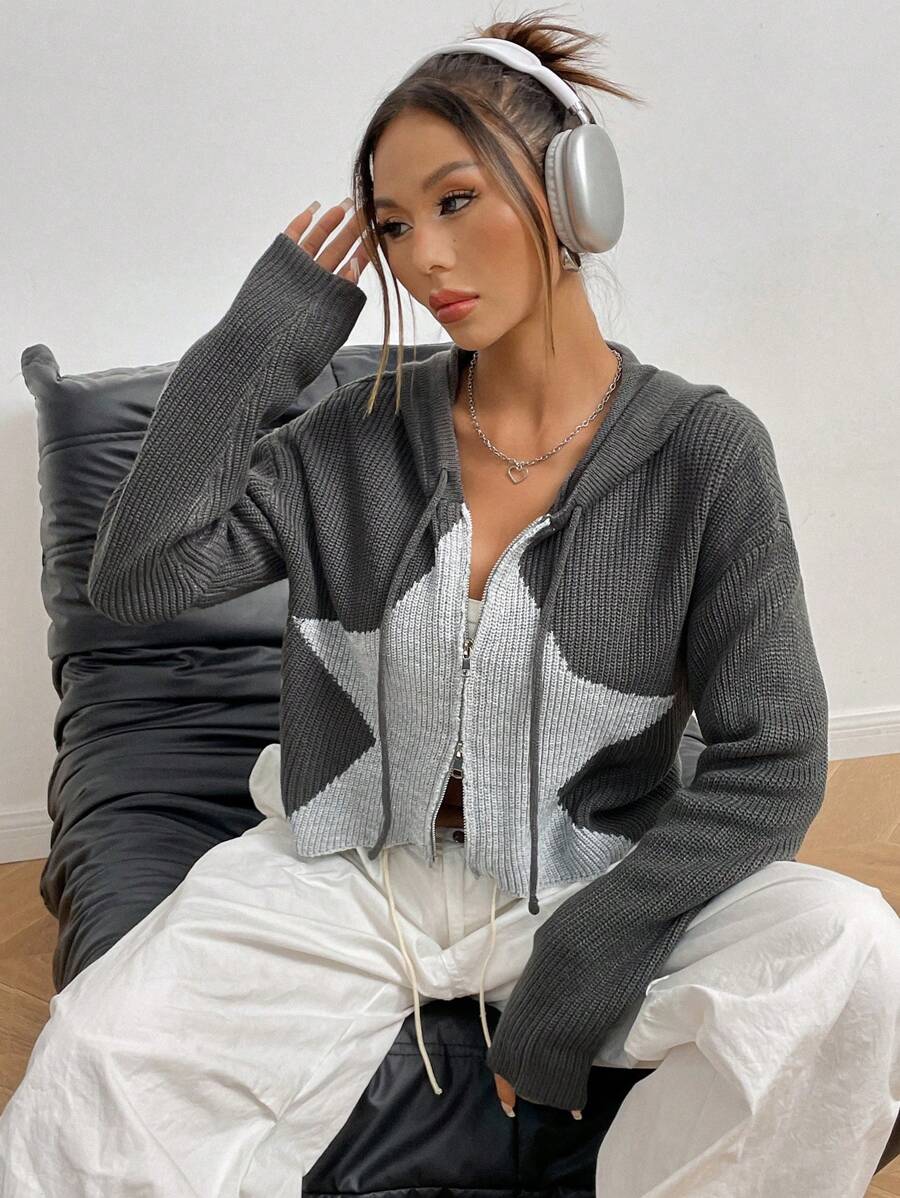 SHEIN Unity Sudadera con capucha y cremallera de uso diario casual con estampado de estrellas y cordón, para otoño/invierno - Gris - Ver 1