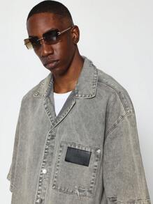 SUMWON Regular Fit Short Sleeve Washed Raw Edge Denim Shirt - Grey - View 3