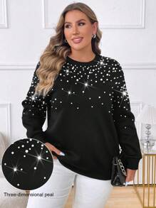 Calvaya Sudadera con cuello redondo de talla grande con decoración de perlas hecha a mano