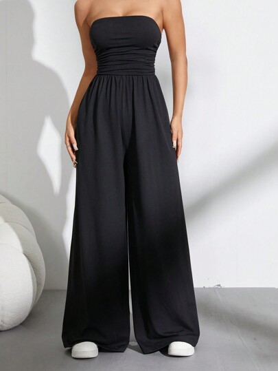 Flirla Solid Color Casual Sleeveless Pleated Loose Jumpsuit