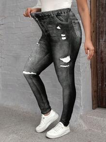 EMERY ROSE Plus Size Women's Casual Minimalist Black Printed Leggings, Autumn/Winter - Multicolor - View 2