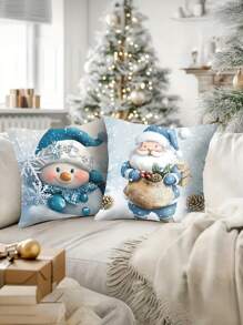 现代圣诞抱枕套 4 件套 - 涤纶编织拉链封口装饰枕套，仅可手洗，饰有圣诞老人、雪人、熊和鹿 - 非常适合客厅和节日装饰，17.72 X 17.72 英寸 - 不含枕芯