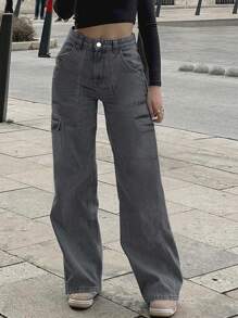 女士美式休闲百搭基本款中腰直筒工作牛仔裤 - 深灰色 - 查看 5