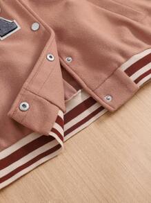 Tween Girls Woolen Blend Patchwork Applique Casual College Style Baseball Jacket, Fashion Streetwear - Khaki - View 4