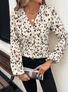 SHEIN Clasi Blusa elegante de manga larga con cuello en V y estampado total para mujer, blusas de manga larga - Albaricoque - Ver 4