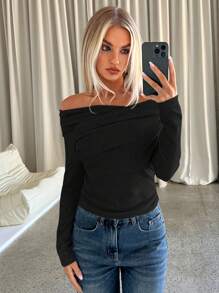 Aloruh 女士纯色垂坠修身长袖 T 恤，休闲百搭，秋冬 - 黑色 - 查看 6