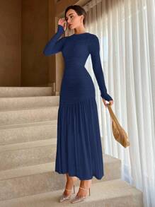 Aloruh Vestido feminino gola redonda babados bainha cor sólida manga comprida - Azul marinho - Ver 3