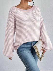 SHEIN LUNE Women Casual Contrast Color Stripe Bell Sleeve Knit Sweater, Autumn/Winter,Long Sleeve Tops,Off The Shoulder Sweater