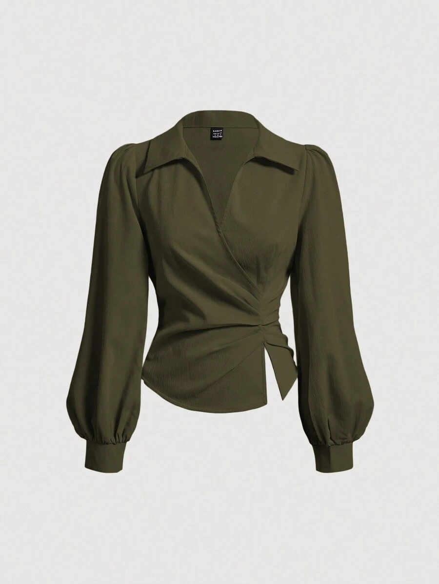 SHEIN MOD Áo cánh dài tay nhún bèo nhún màu trơn thanh lịch cho nữ, mùa thu - xanh quân đội - Xem 1