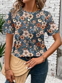 EMERY ROSE 女士休闲复古碎花圆领短袖T恤，适合夏季和秋季外出休闲穿着。 - 藍色 - 查看 5