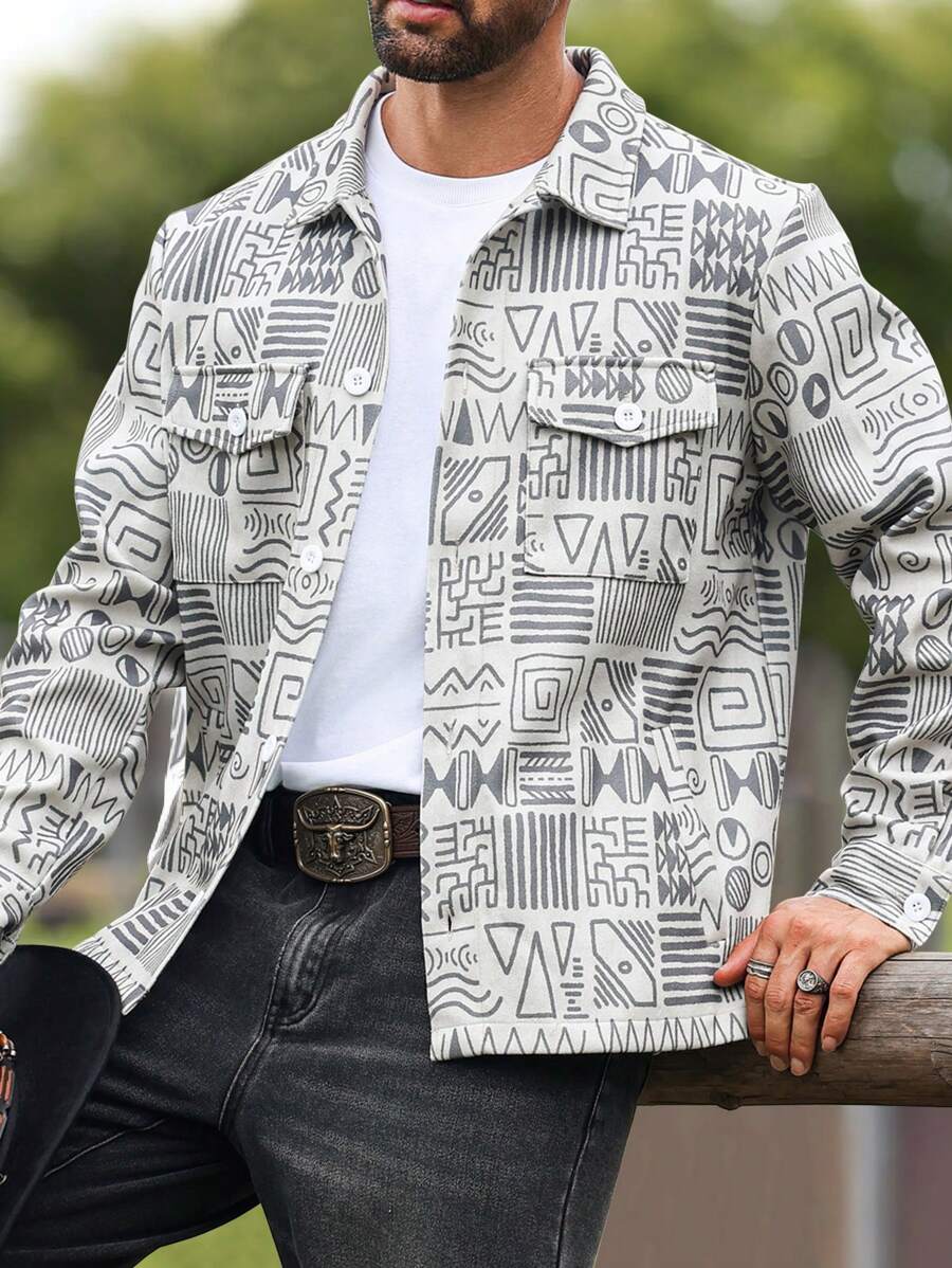 Manfinity Homme Áo khoác len họa tiết hình học thường ngày cho nam, mùa thu - Màu be - Xem 1