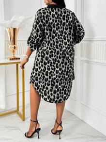 SHEIN Lady Spring And Summer Autumn And Winter Elegant Leopard Print Woven Shirt Collar Shirt Sleeve Pocket Shirt Dress Midi Long Sleeve Plus Size Dresses