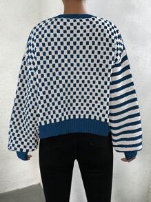 SHEIN Unity Women Casual Stripe & Checkerboard Splicing Drop Shoulder Loose Knit Cardigan - Multicolor - View 2