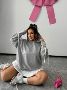 SHEIN SXY Plus Size Grey Hooded Sweatshirt With Bow Tie Decor, Fall/Winter - Grey - View 6