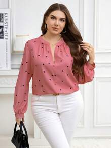 SHEIN Clasi Plus Size Women Heart Pattern Cut-Out Blouse, Suitable For Everyday Wear, Autumn - Dusty Pink - View 6