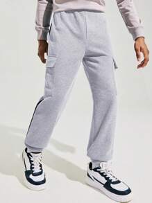 SHEIN Teen Boys 2 Pieces Casual Outfit Set - Includes Striped Sweatpants With Pockets & Drawstring Waist, Suitable For Fall, Winter, Casual, Sports, Birthday, And More - Grey And Black Colors