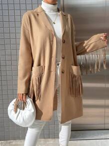 SHEIN Essnce Chaqueta informal de mezcla de lana con flecos para mujer, abrigo de lana natural con flecos crudos para mujer, otoño e invierno - Caqui - Ver 3