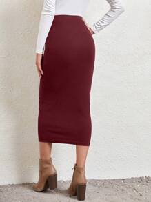 EMERY ROSE Women's Solid Color Elastic Waist Ribbed Knit Maxi A-Line Skirt - Burgundy - View 2