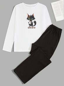 EURMUSE Men Cat Printed Regular Longsleeve Homewear Set - Black and White - View 2