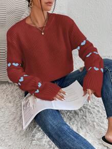 SHEIN Unity Suéter holgado de punto acanalado con patrón de corazón, suéter de punto informal para otoño/invierno - Color caoba - Ver 4