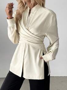 Chiquease 休闲纯色交叉系腰衬衫，秋季 - 杏色 - 查看 4