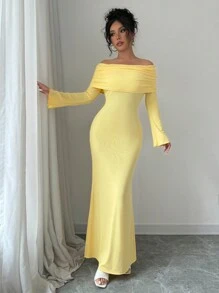 Rafferiza Váy len dệt kim co giãn nhún bèo trễ vai thanh lịch quyến rũ màu mù tạt với thiết kế viền đuôi cá peplum, dành cho mùa đông - Màu vàng - Xem 3