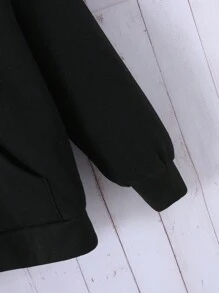 Tween Girls Oversized Casual Minimalist Comfy Hooded Raglan Fleece Jacket,In Fall/Winter - Black - View 6