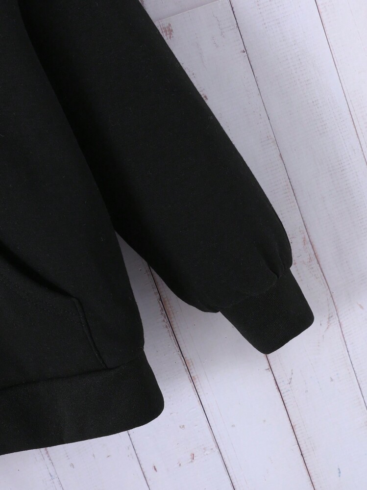 Tween 女童宽松休闲简约舒适连帽插肩羊毛夹克 - 黑色 - 查看 6