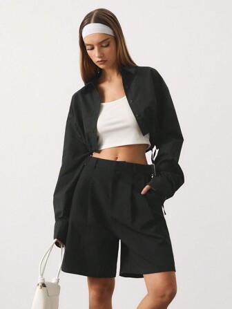 SURIMA Damen einfarbige plissierte Taschen Loose-Fit Lässig Shorts