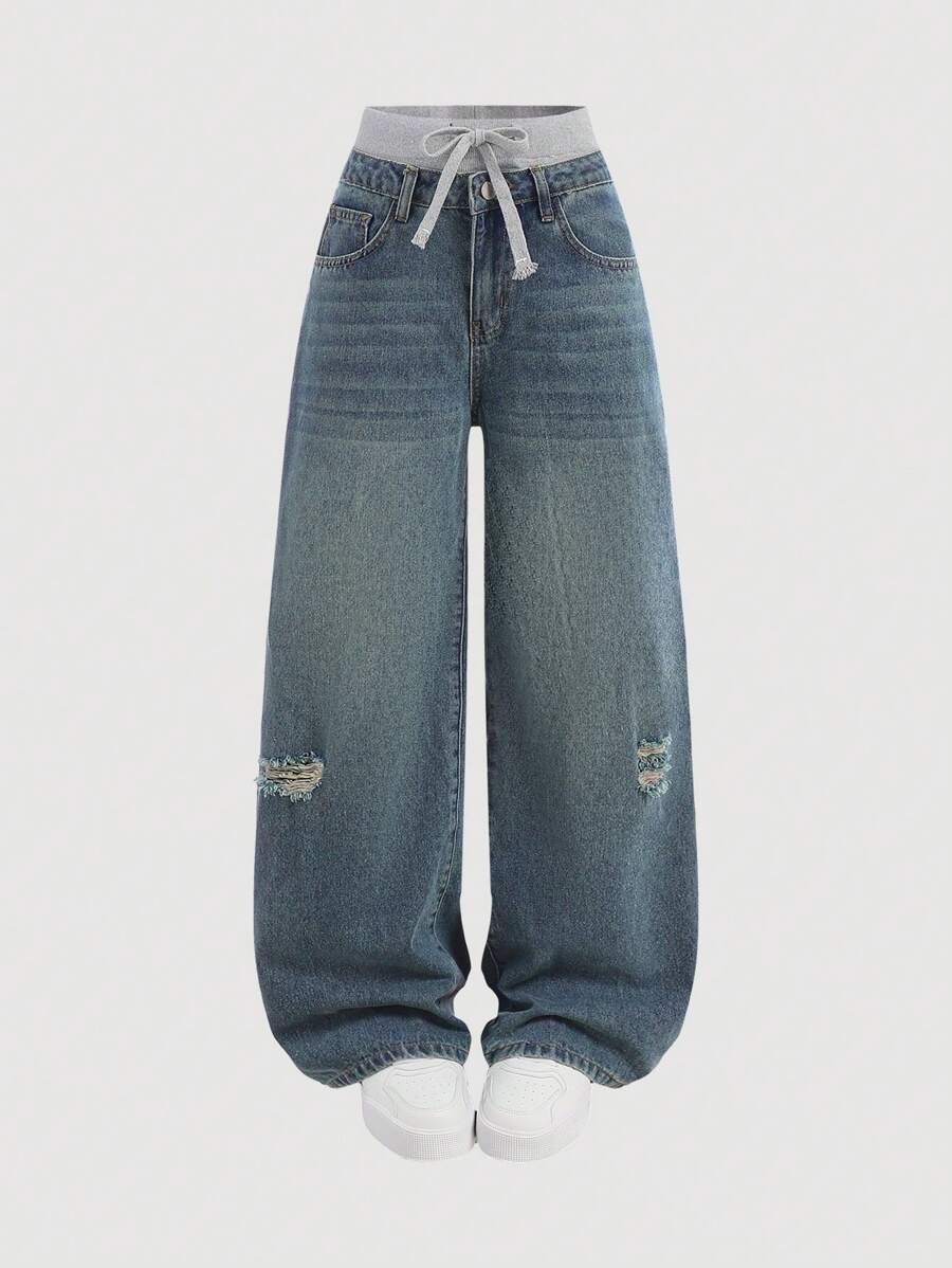 SHEIN Girlism Y2K Fashion 2000S Vintage Blue Colorblock Contrast Color Waistband High Waist Wide Leg Jeans Pants For Teen Girls, Girls Fall Winter Clothes Streetwear Outfits - Multicolor - View 1