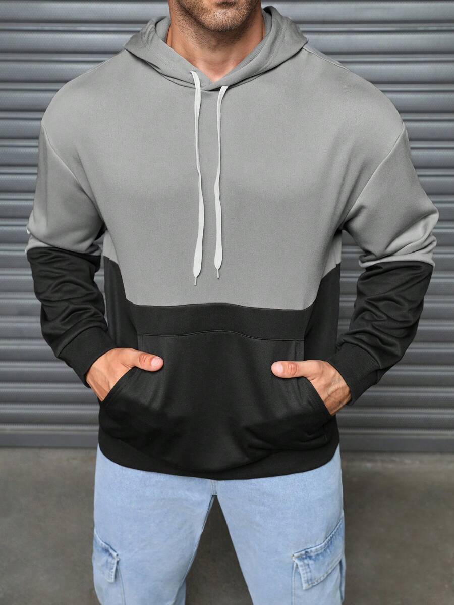Manfinity Homme Men's Grey & Black Patchwork Hooded Sweatshirt With Pockets - Black - View 1