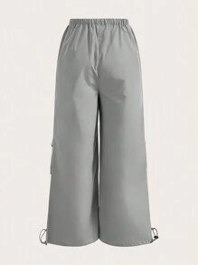 SHEIN Sports 女士休闲抽绳腰宽松阔腿运动裤，秋季 - 灰色 - 查看 2