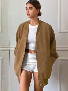 DAZY 女士纯色宽松长袖口袋棒球夹克，秋季女装