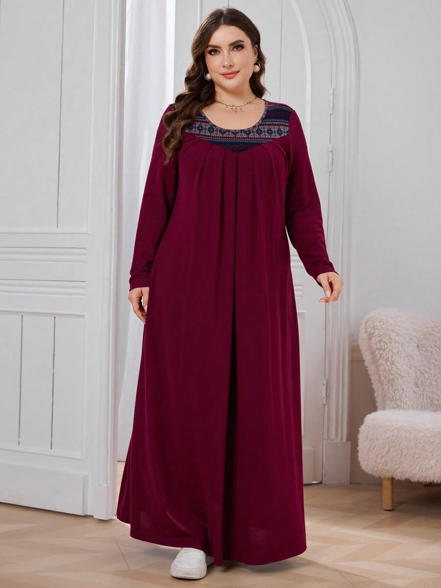 Al Najma Váy Maxi Dài Tay Xếp Ly Cổ Tròn Cỡ Lớn Cho Nữ, Mùa Thu/Đông, Váy Maxi Áo Thun Đơn Giản, Dành Cho Thường Ngày - Nhiều màu - Xem 1