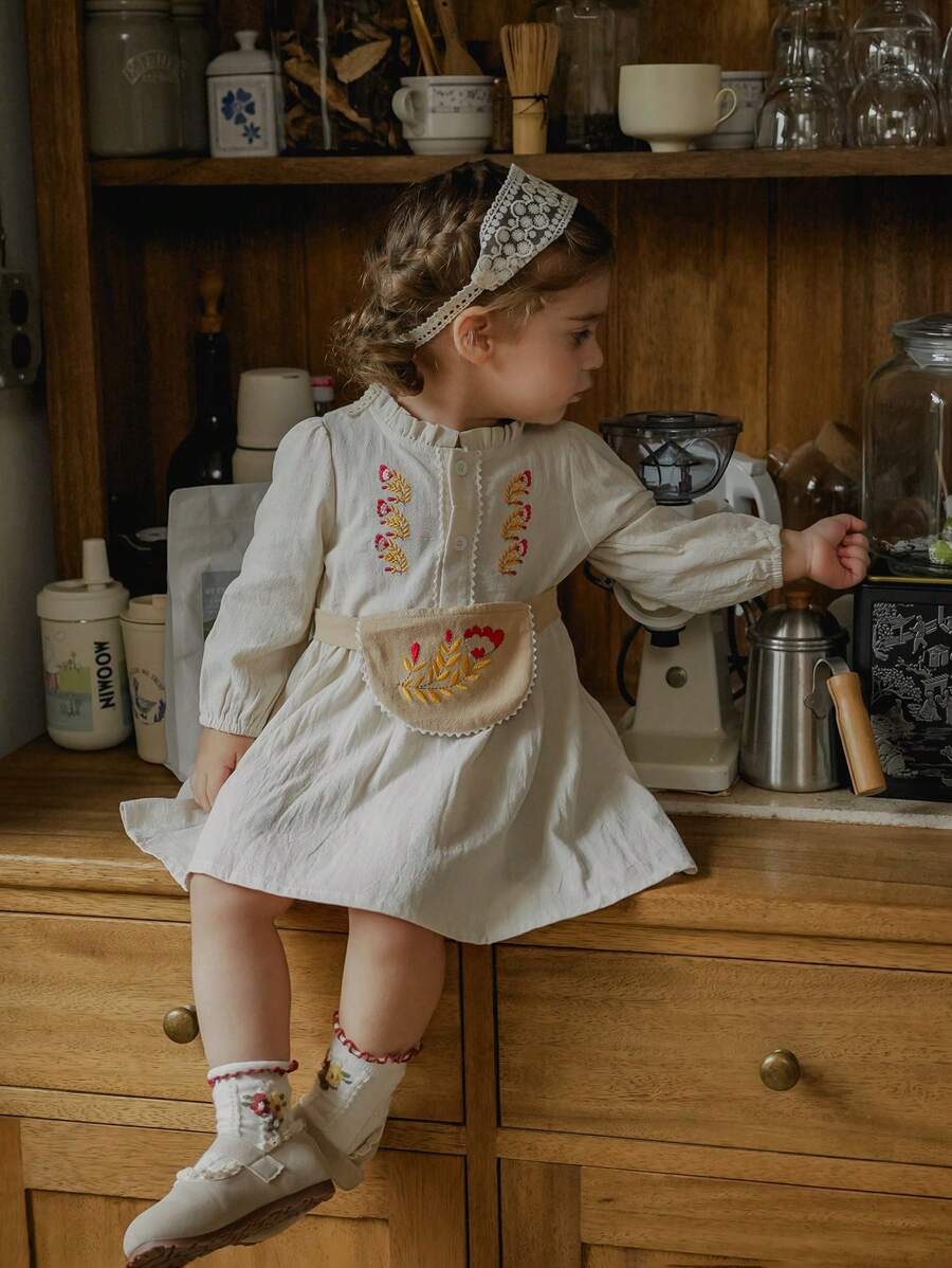 SHEIN Baby Girls Embroidered Dress, Autumn - Apricot - View 1