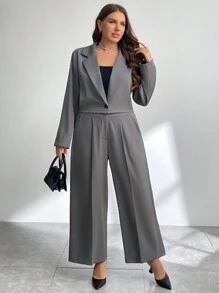 SHEIN Privé Plus Size Women Fashion Simple Gray 2Pcs Set, Formal Work Outfit, Thin Gray Jacket And Wide Leg Pants For Early Autumn Streetwear - Red Violet - View 1