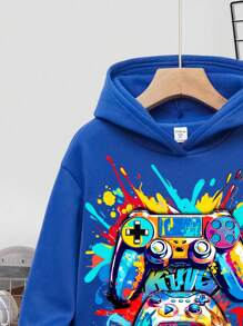 SHEIN Tween Boys Casual Simple Cartoon Pattern Long Sleeve Hooded Sweatshirt, Suitable For Autumn And Winter