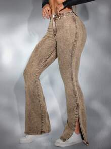 SHEIN SXY Vaqueros ajustados con pierna acampanada, con dobladillo deshilachado y rasgado, a la moda
