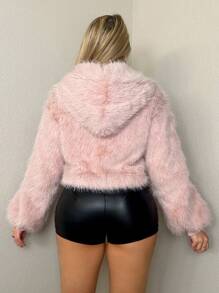 Sweetina Oversized Sparkling Silver Metallic Fluffy Hooded Jacket With 3D Heart Decor - Pink - View 2