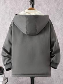 SHEIN Vacaura Tween 男童纯色长袖拉链连帽羊毛休闲夹克，带口袋，冬季