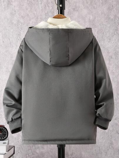 SHEIN Vacaura Tween 男童纯色长袖拉链连帽羊毛休闲夹克，带口袋，冬季