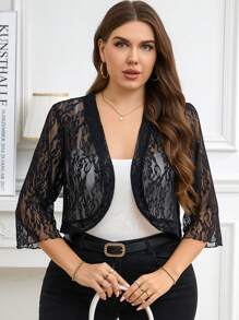 SHEIN Clasi 大码纯色中长袖蕾丝透明夹克，休闲日常穿着 - 黑色 - 查看 3