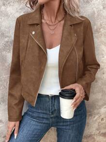 SHEIN LUNE Chaqueta casual con cremallera y cuello de piel sintética para mujer, primavera/otoño - Marrón - Ver 4