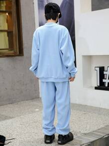 2 件套青少年男孩字母印花拉链连帽衫，带口袋和羊毛裤 - 藍色 - 查看 2