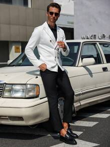 Manfinity Bizformal Áo khoác vest nam tay dài màu trơn hai hàng khuy công sở - trắng - Xem 4