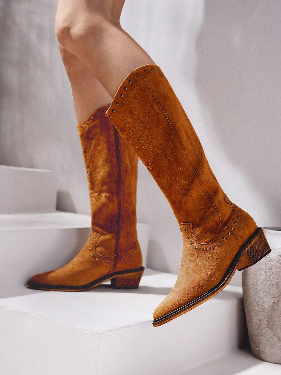 Styleloop Women's Western Style Retro Knee-High Boots - Brown - View 1