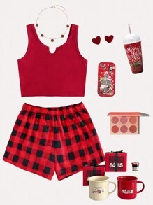 SHEIN Tween Girl 2pcs Christmas Simple Cozy V-Neck Camisole & Plaid Pattern Reversible Flannel Shorts Comfy Sleepwear Set